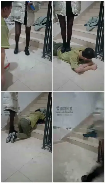 【第一帅男神】极品黑丝美女首次楼梯调教,耳光鞭打舔鞋踩踏