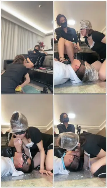 【妆主大大】情侣M头顶高跟保鲜膜窒息吮吸酸奶脚M下M舔脚
