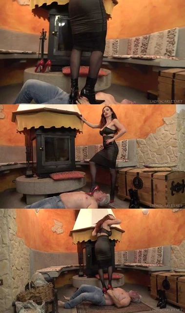 【欧美女王】scarlet御姐红色高跟和美靴全体重踩男人,那么长的鞋跟插嘴里
