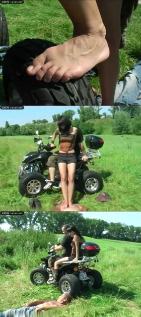 【欧美女王】绝版Laetitia情侣主骑摩托碾压脚奴第2部!皮靴原味臭汗脚踩扁狗脸!